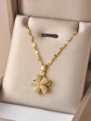 Rotatable Five-Petal Flower Gold Plated Women's Necklace (With gift box)